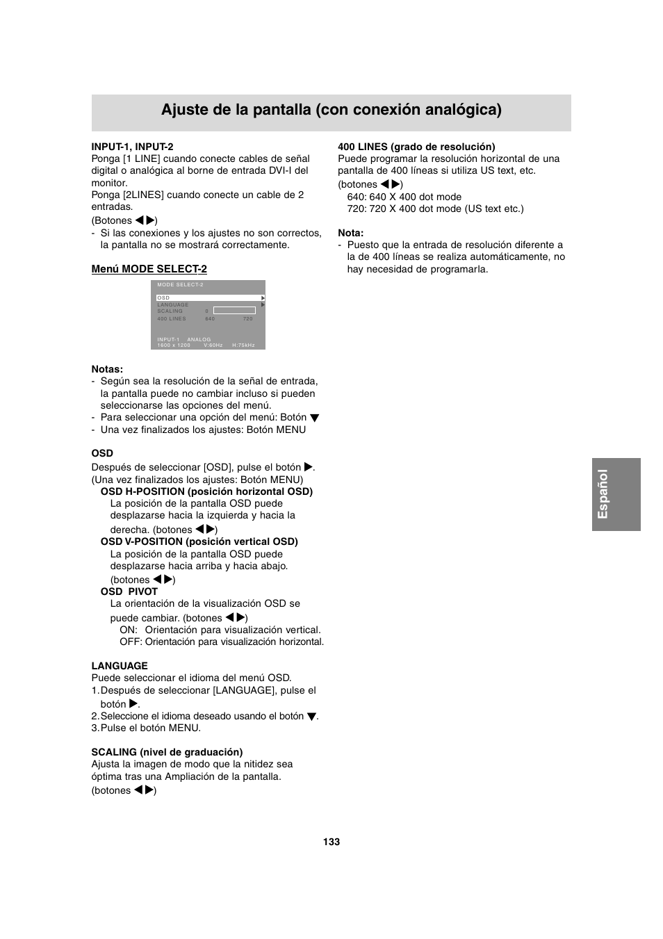 Ajuste de la pantalla (con conexión analógica), English deutsc h français italiano español english | Sharp LL-T2020 User Manual | Page 133 / 148