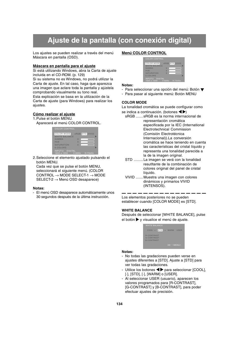 Ajuste de la pantalla (con conexión digital), Máscara en pantalla para el ajuste, Cómo realizar el ajuste | Menú color control | Sharp LL-T2020 User Manual | Page 134 / 148