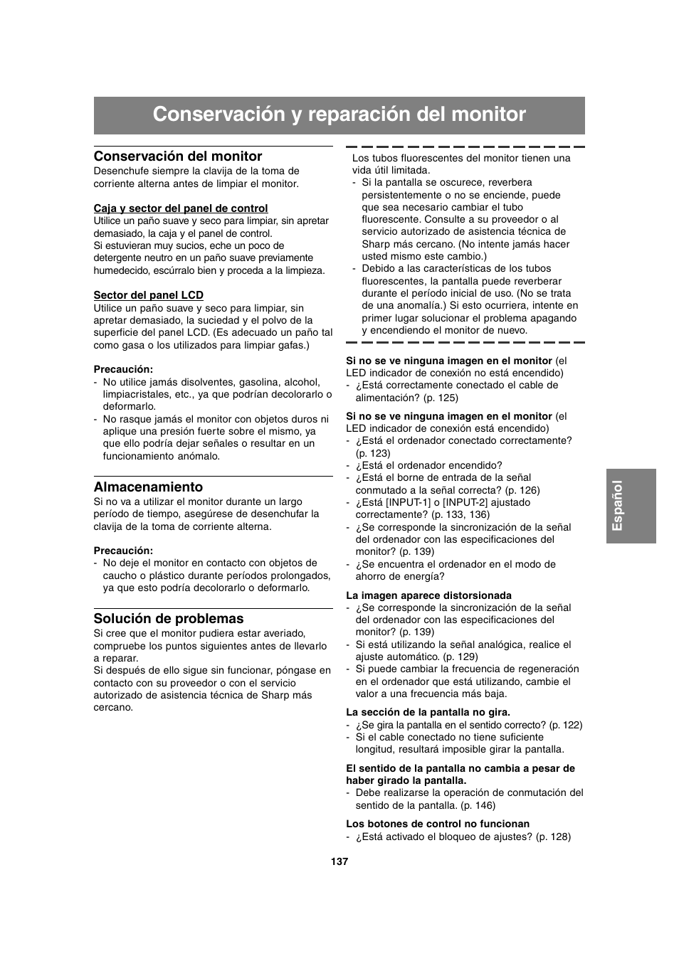 Conservación y reparación del monitor, Conservación del monitor, Almacenamiento | Solución de problemas | Sharp LL-T2020 User Manual | Page 137 / 148