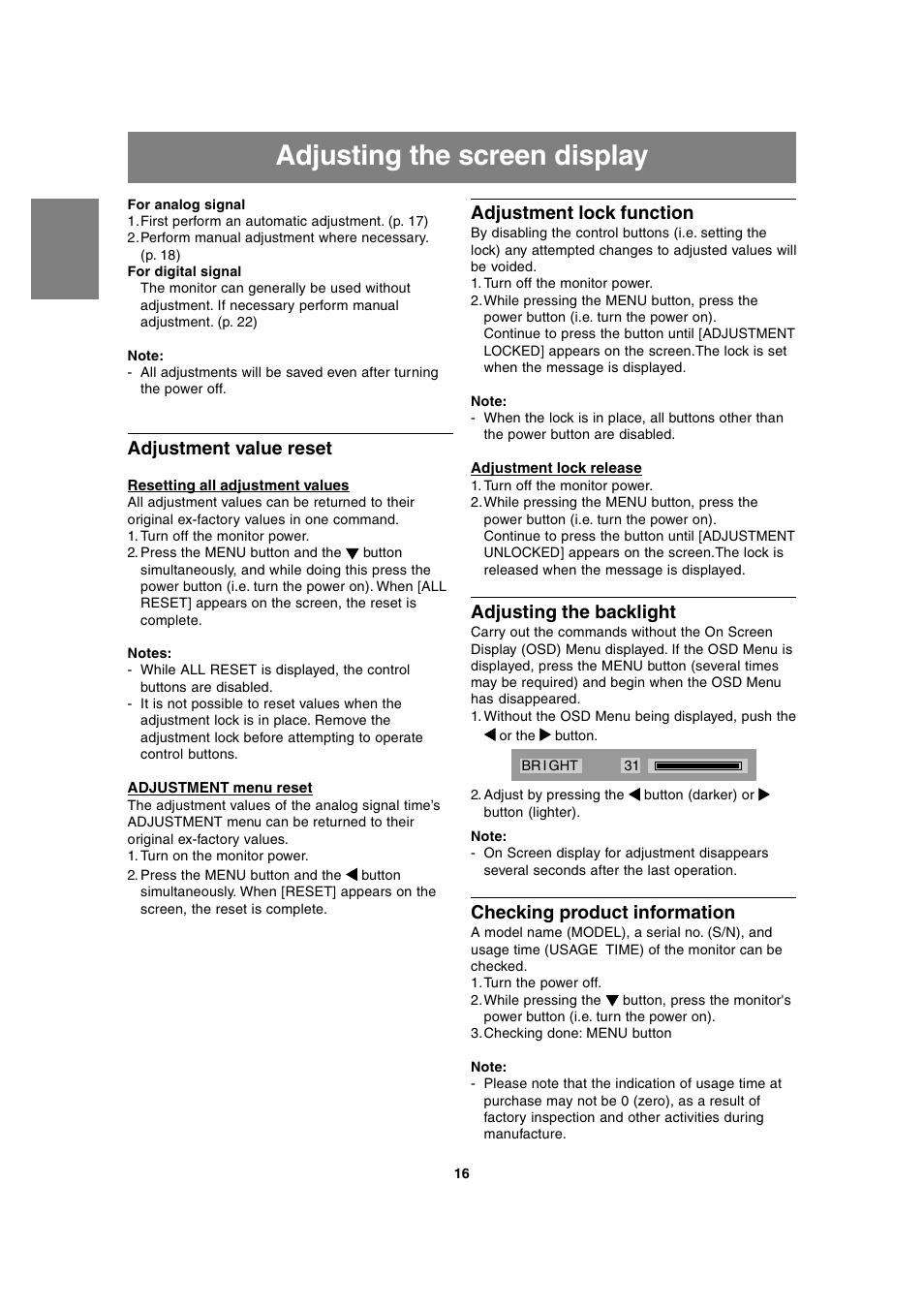 Adjusting the screen display, Adjustment value reset, Adjustment lock function | Adjusting the backlight, Checking product information | Sharp LL-T2020 User Manual | Page 16 / 148