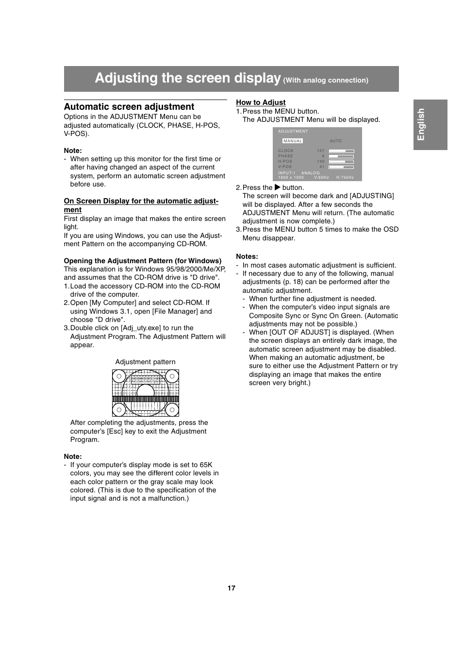 Adjusting the screen display, Automatic screen adjustment | Sharp LL-T2020 User Manual | Page 17 / 148