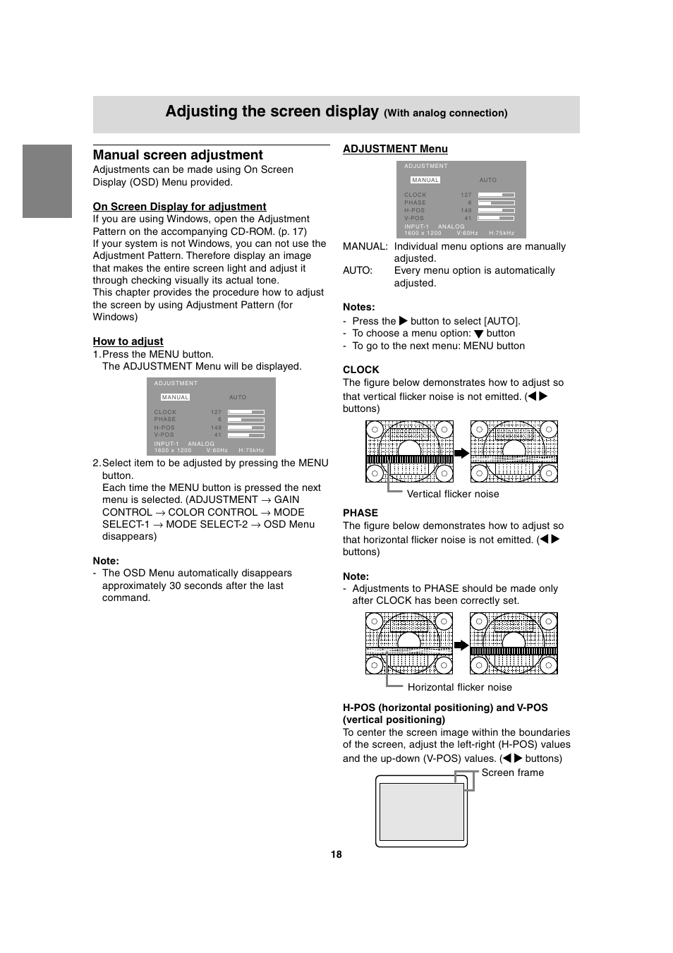 Adjusting the screen display, Manual screen adjustment, On screen display for adjustment | How to adjust, Adjustment menu | Sharp LL-T2020 User Manual | Page 18 / 148