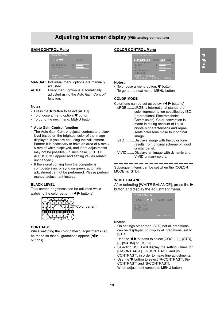 Adjusting the screen display, English deutsc h français italiano español english | Sharp LL-T2020 User Manual | Page 19 / 148