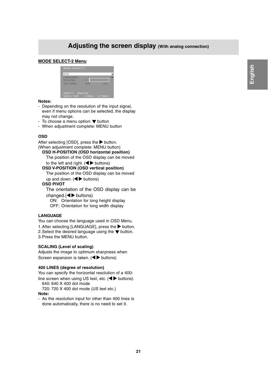 Adjusting the screen display, English deutsc h français italiano español english | Sharp LL-T2020 User Manual | Page 21 / 148