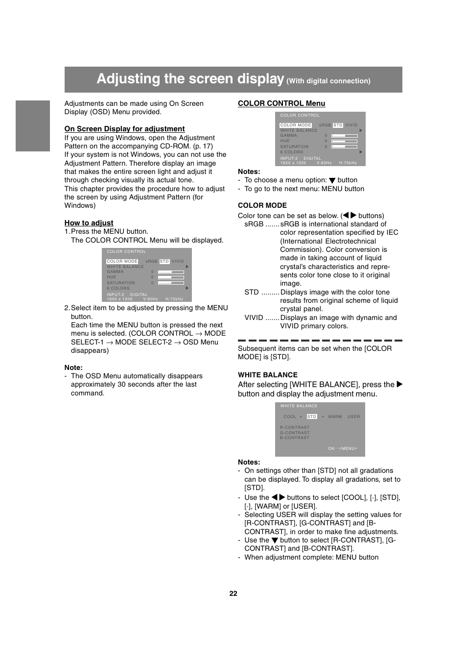 Adjusting the screen display, On screen display for adjustment, How to adjust | Color control menu | Sharp LL-T2020 User Manual | Page 22 / 148