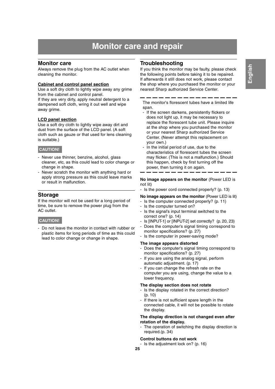 Monitor care and repair, Monitor care, Storage | Troubleshooting | Sharp LL-T2020 User Manual | Page 25 / 148