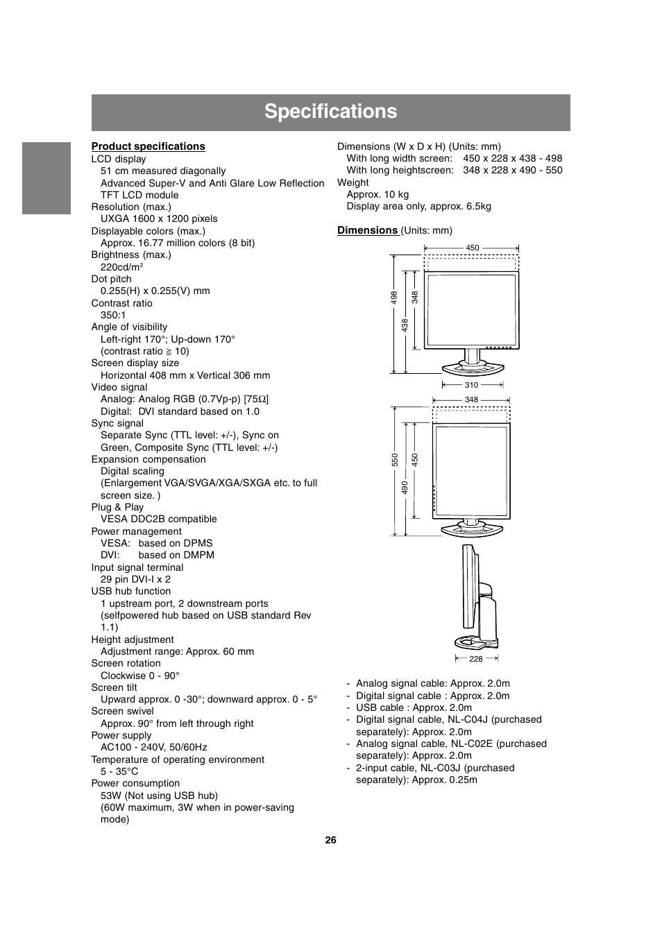 Specifications | Sharp LL-T2020 User Manual | Page 26 / 148