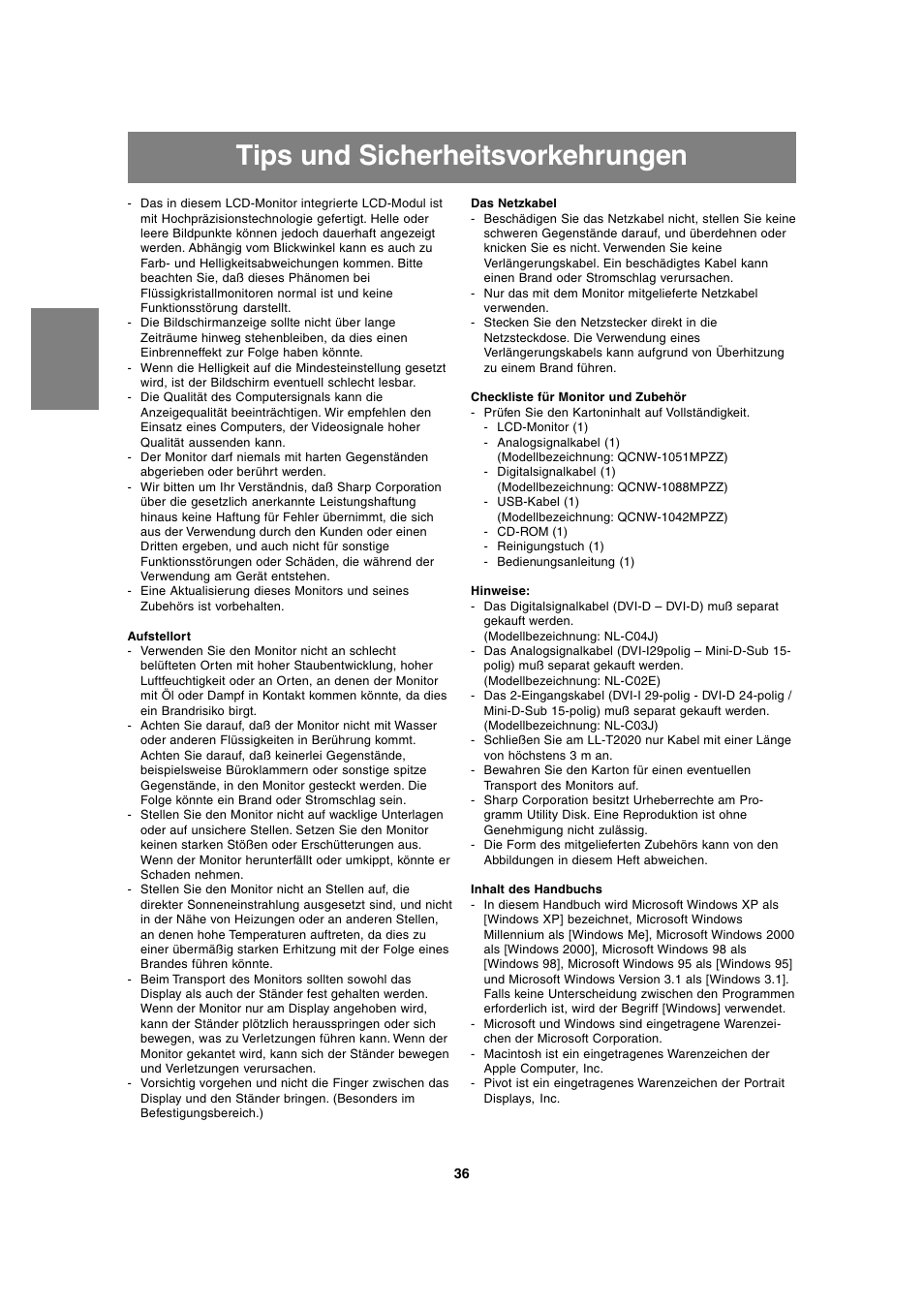 Tips und sicherheitsvorkehrungen | Sharp LL-T2020 User Manual | Page 36 / 148