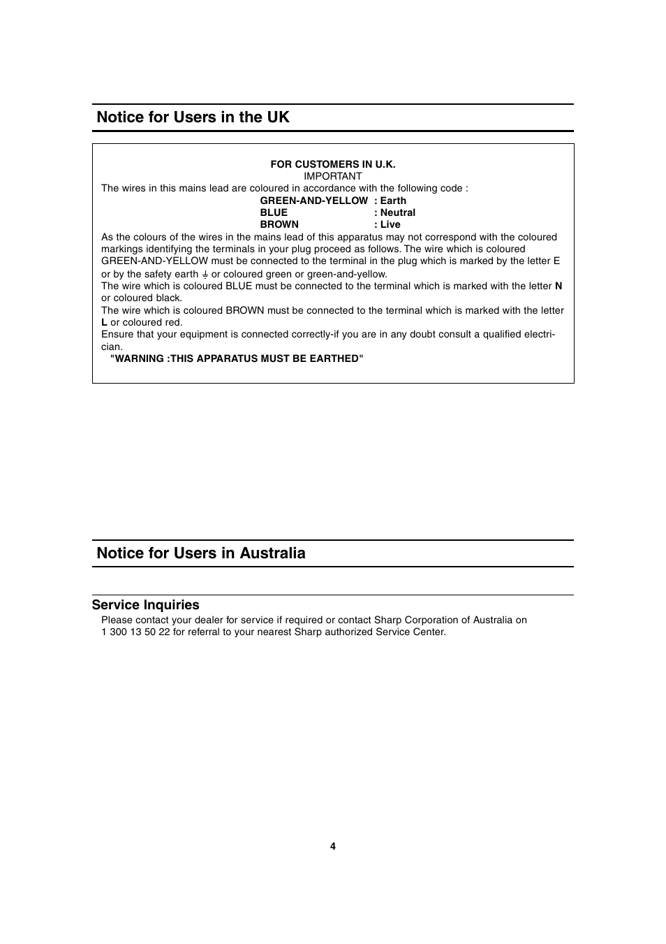 Notice for users in the uk, Notice for users in australia | Sharp LL-T2020 User Manual | Page 4 / 148