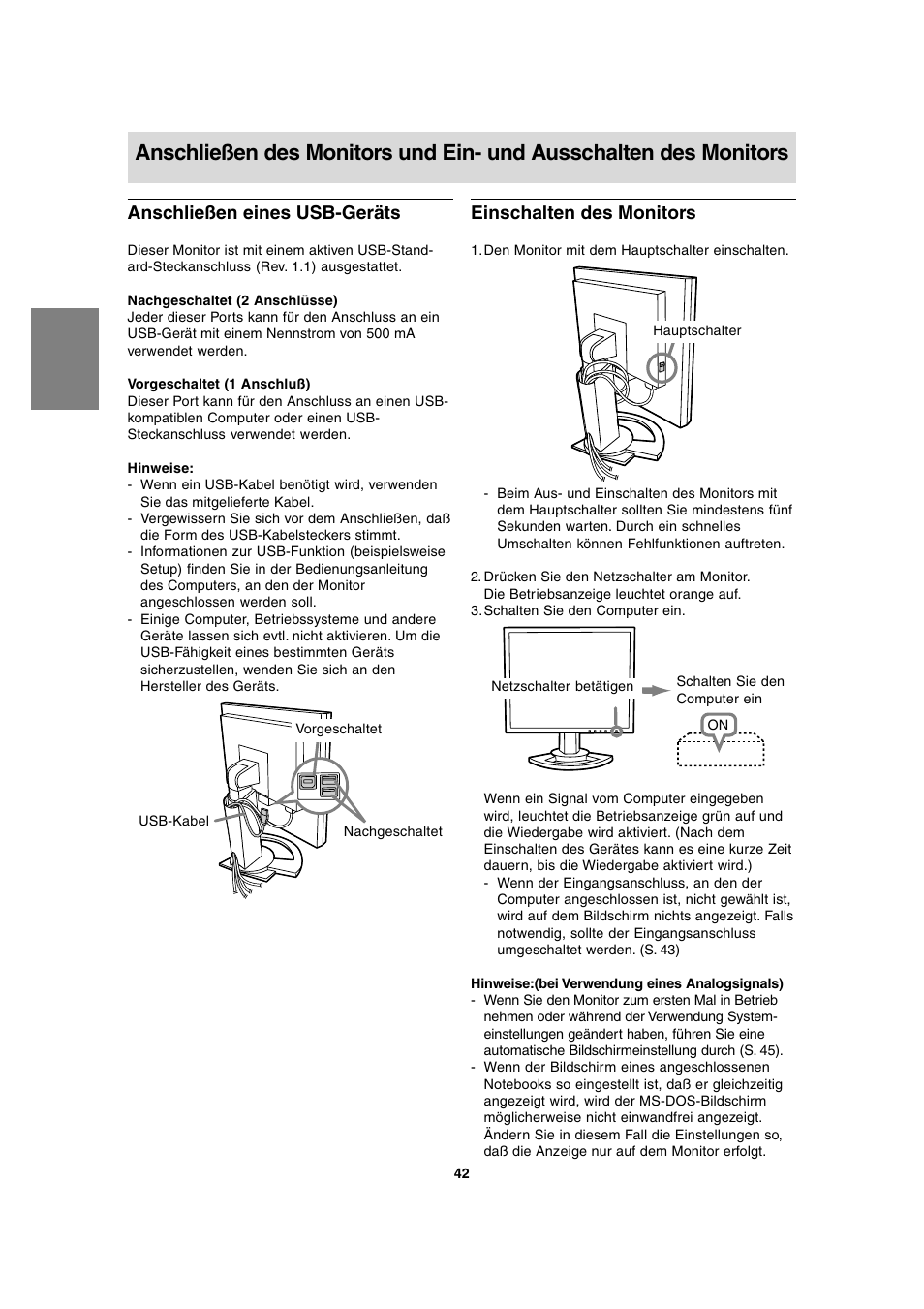 Einschalten des monitors, Anschließen eines usb-geräts | Sharp LL-T2020 User Manual | Page 42 / 148