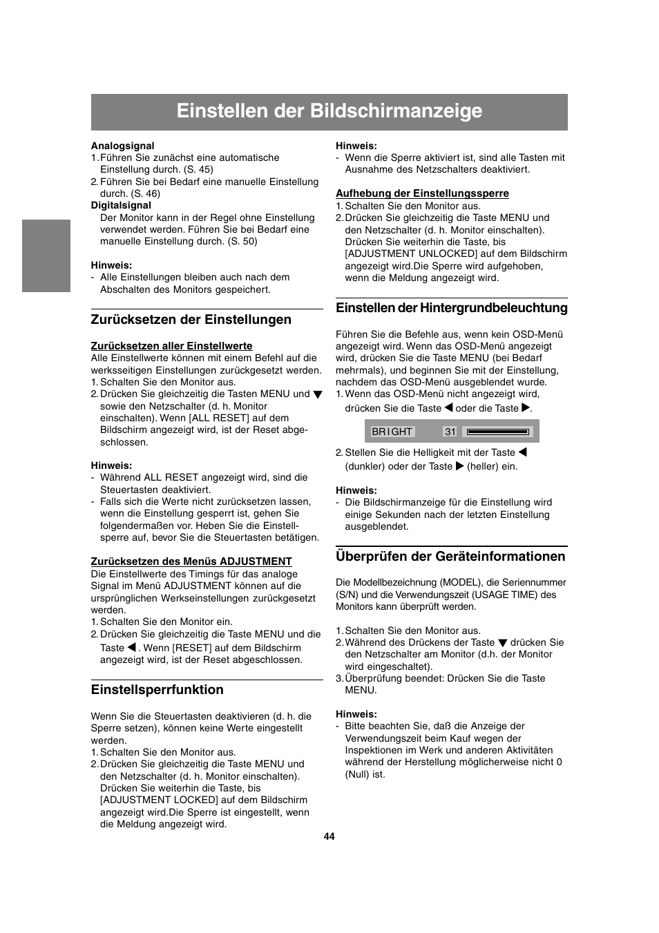 Einstellen der bildschirmanzeige, Zurücksetzen der einstellungen, Einstellsperrfunktion | Einstellen der hintergrundbeleuchtung, Überprüfen der geräteinformationen | Sharp LL-T2020 User Manual | Page 44 / 148