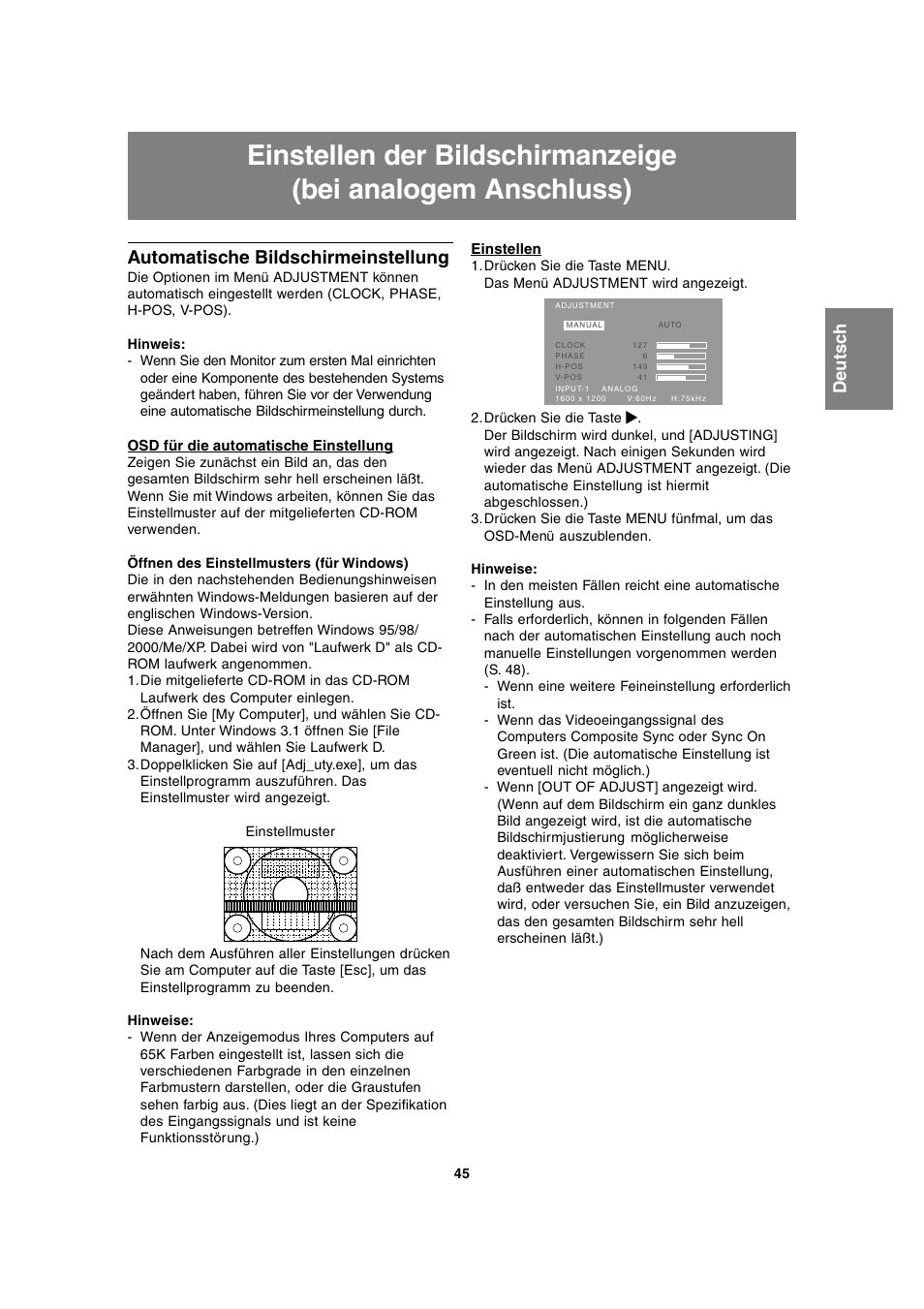 Automatische bildschirmeinstellung | Sharp LL-T2020 User Manual | Page 45 / 148