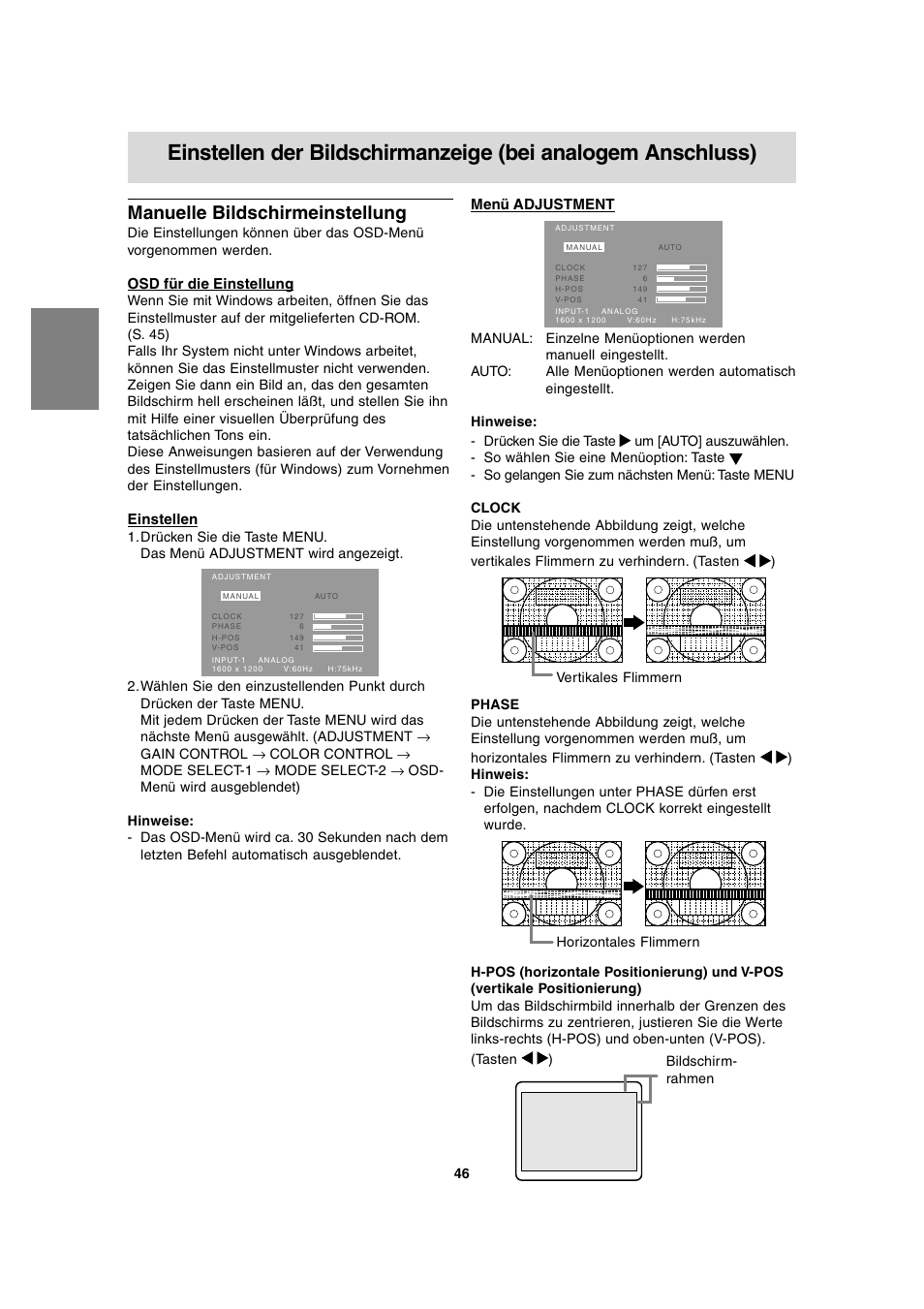 Manuelle bildschirmeinstellung, Osd für die einstellung, Einstellen | Menü adjustment | Sharp LL-T2020 User Manual | Page 46 / 148