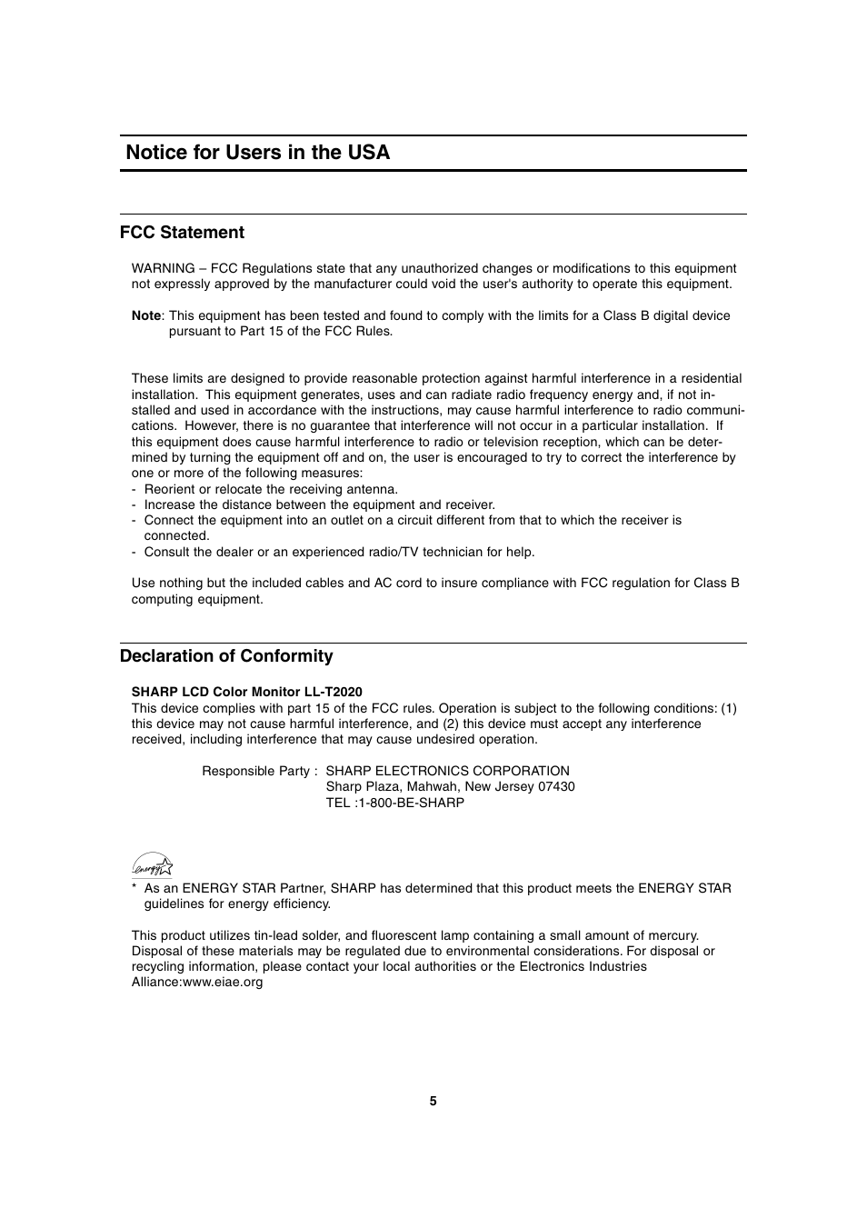 Notice for users in the usa | Sharp LL-T2020 User Manual | Page 5 / 148