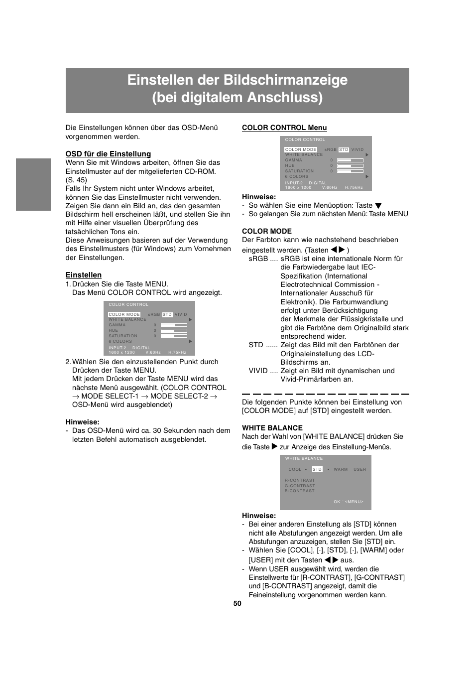 Osd für die einstellung, Einstellen | Sharp LL-T2020 User Manual | Page 50 / 148