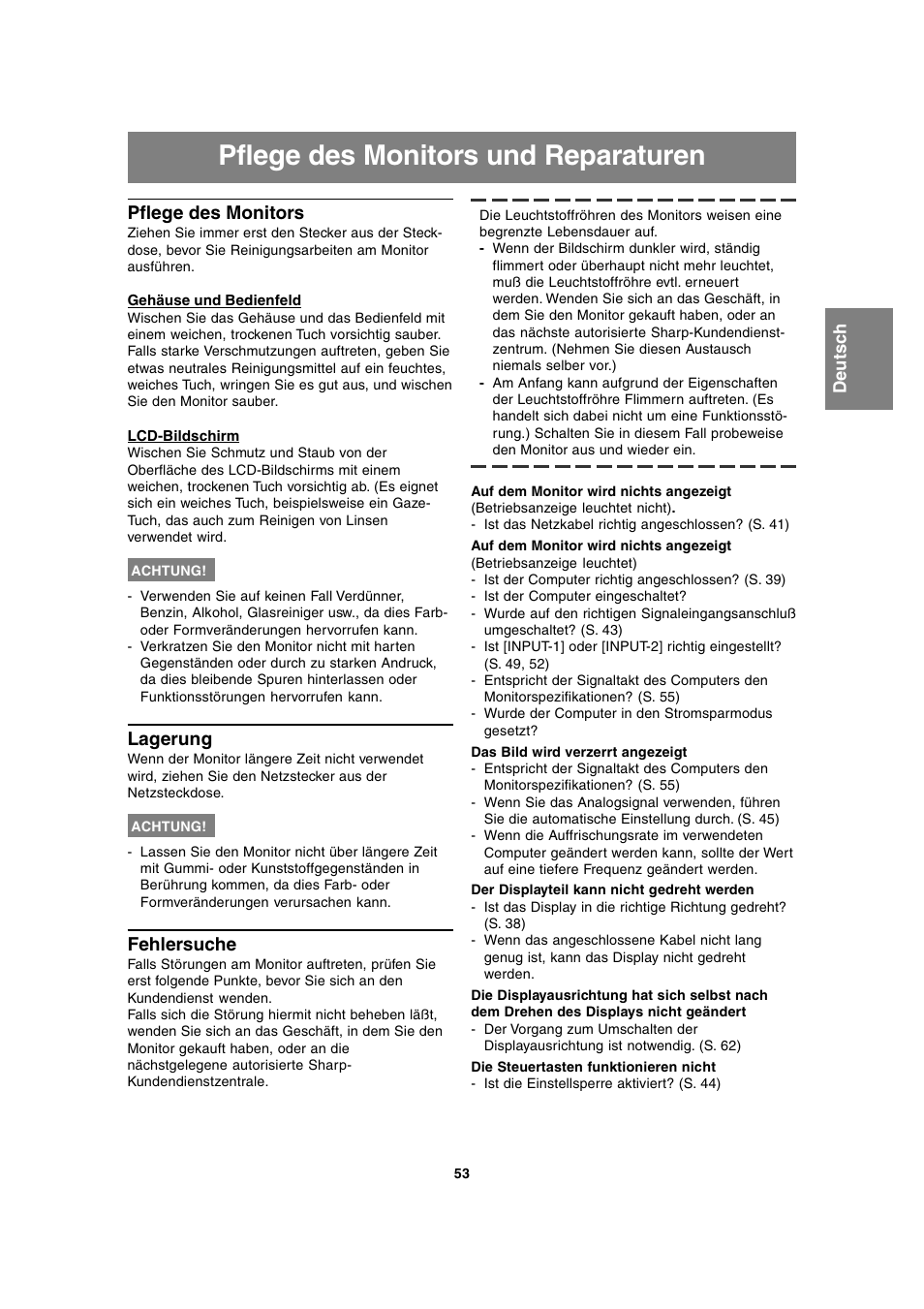 Pflege des monitors und reparaturen, Pflege des monitors, Lagerung | Fehlersuche | Sharp LL-T2020 User Manual | Page 53 / 148