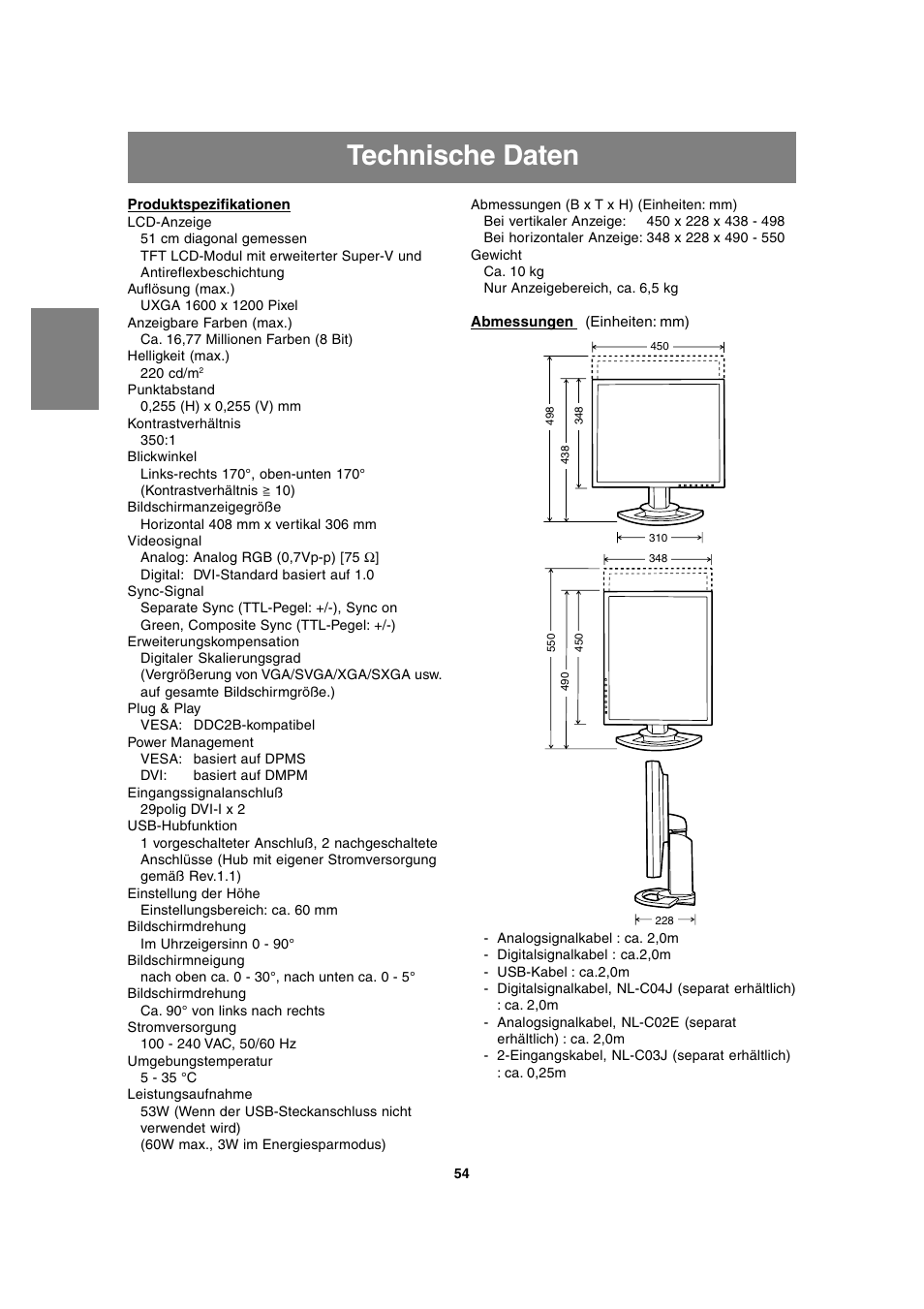 Technische daten | Sharp LL-T2020 User Manual | Page 54 / 148