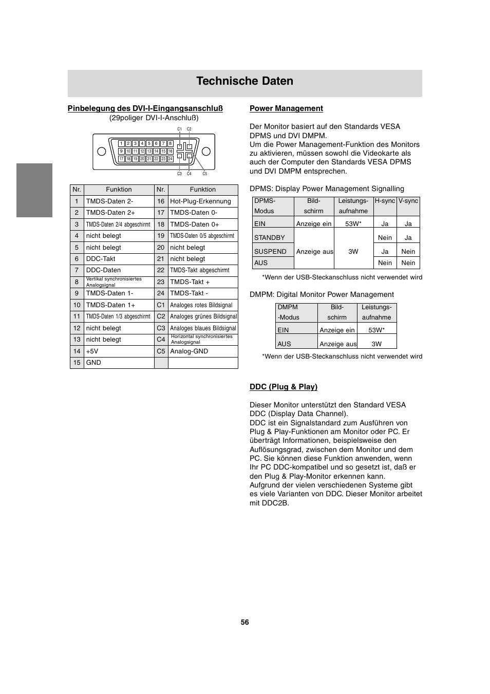 Technische daten, Pinbelegung des dvi-i-eingangsanschluß, Power management | Ddc (plug & play) | Sharp LL-T2020 User Manual | Page 56 / 148