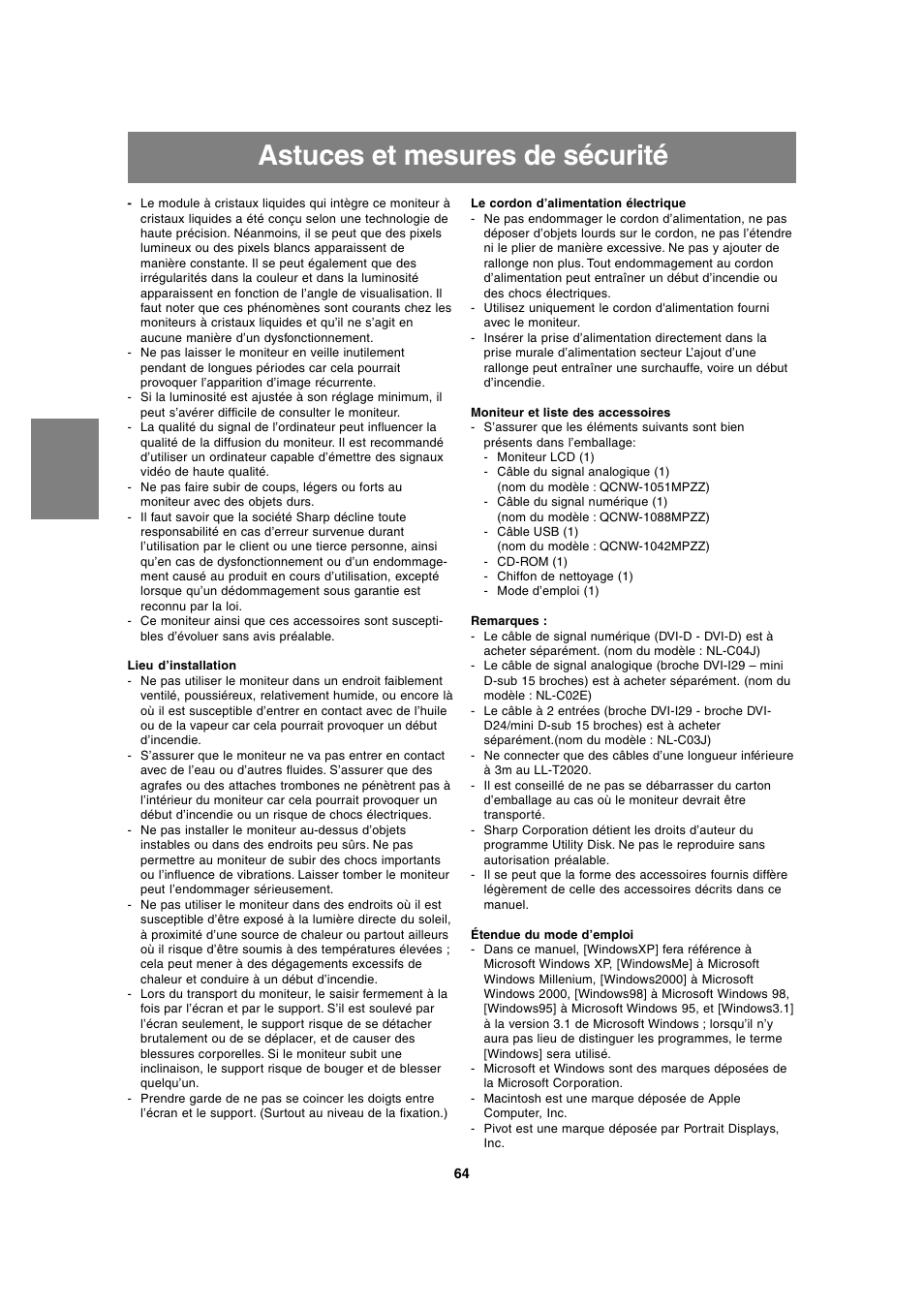 Astuces et mesures de sécurité | Sharp LL-T2020 User Manual | Page 64 / 148