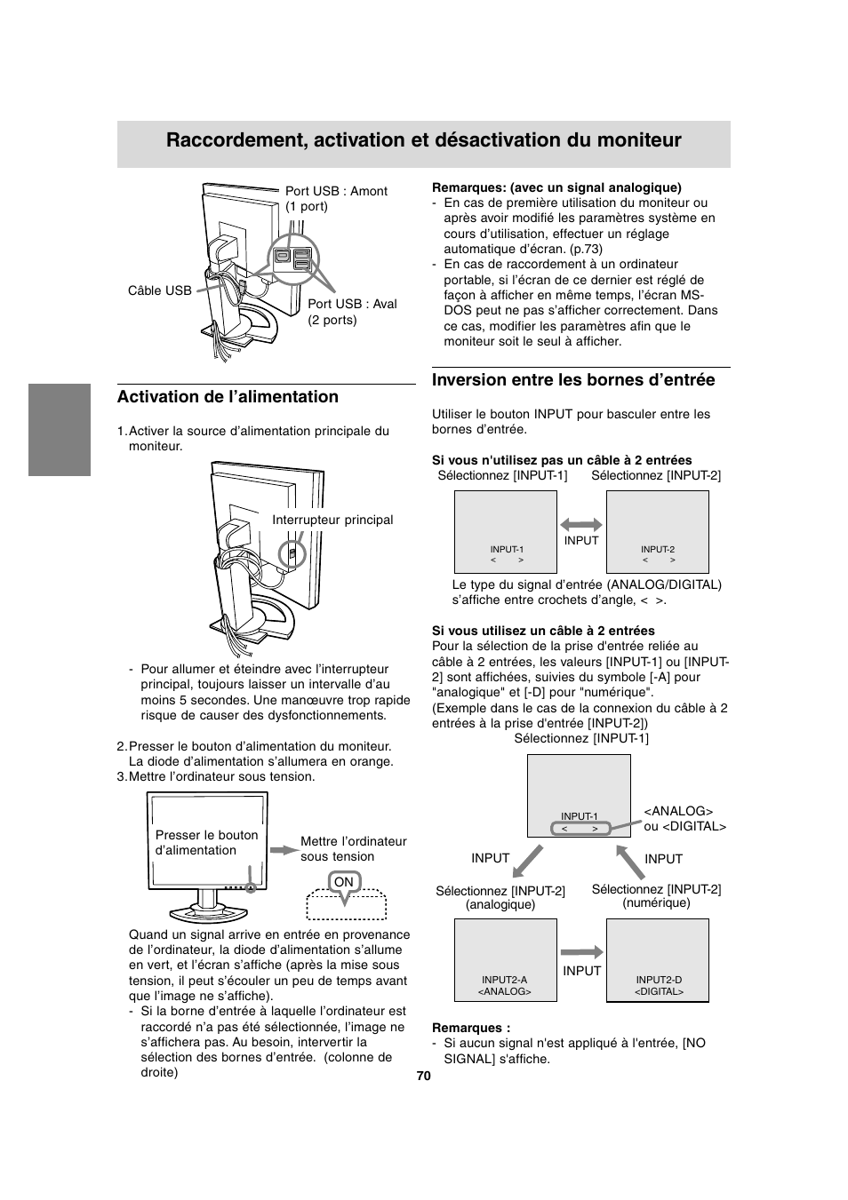 Activation de l’alimentation, Inversion entre les bornes d’entrée | Sharp LL-T2020 User Manual | Page 70 / 148