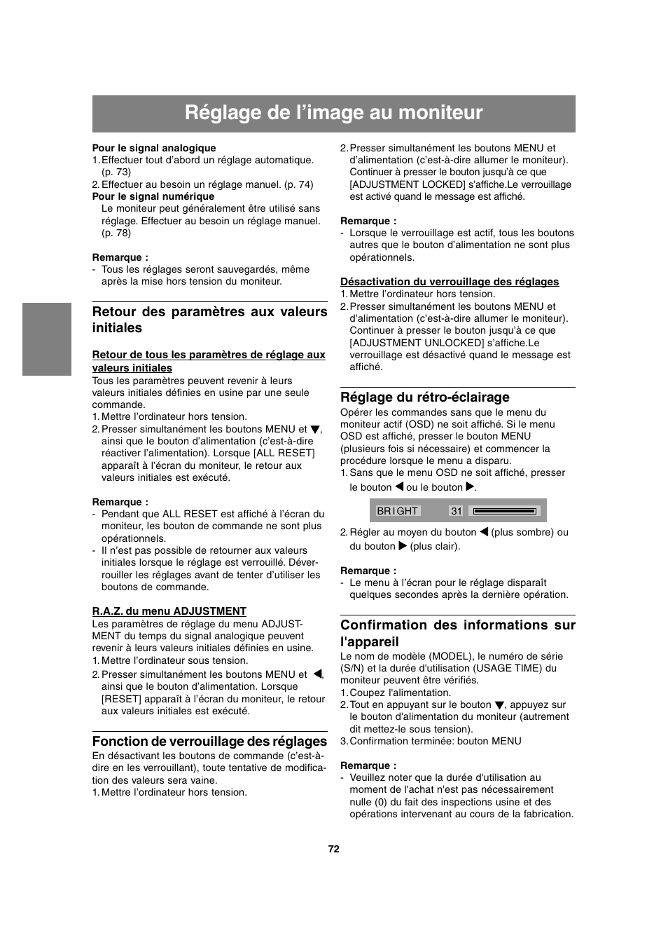 Réglage de l’image au moniteur, Retour des paramètres aux valeurs initiales, Fonction de verrouillage des réglages | Réglage du rétro-éclairage, Confirmation des informations sur l'appareil | Sharp LL-T2020 User Manual | Page 72 / 148