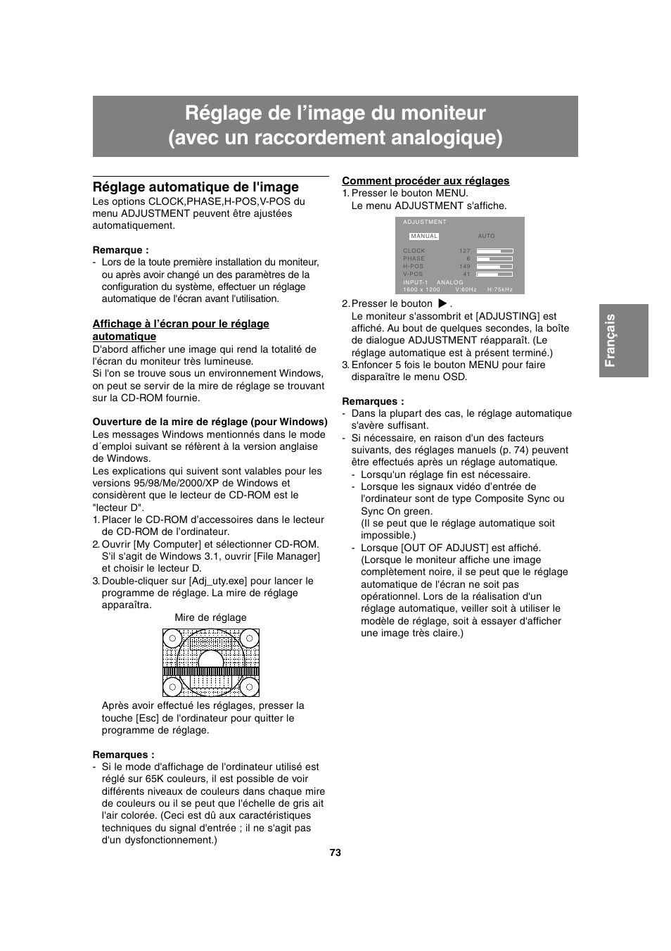 Réglage automatique de l'image | Sharp LL-T2020 User Manual | Page 73 / 148