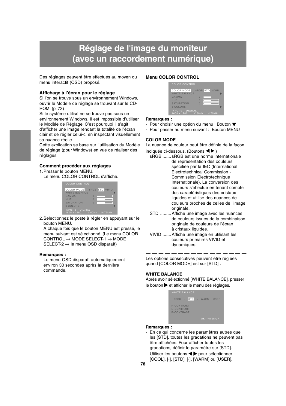 Affichage à l’écran pour le réglage, Comment procéder aux réglages, Menu color control | Sharp LL-T2020 User Manual | Page 78 / 148