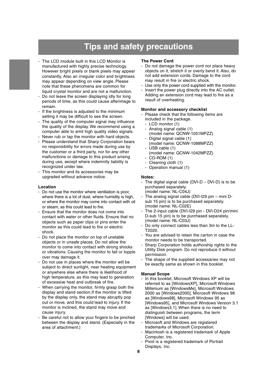 Tips and safety precautions | Sharp LL-T2020 User Manual | Page 8 / 148