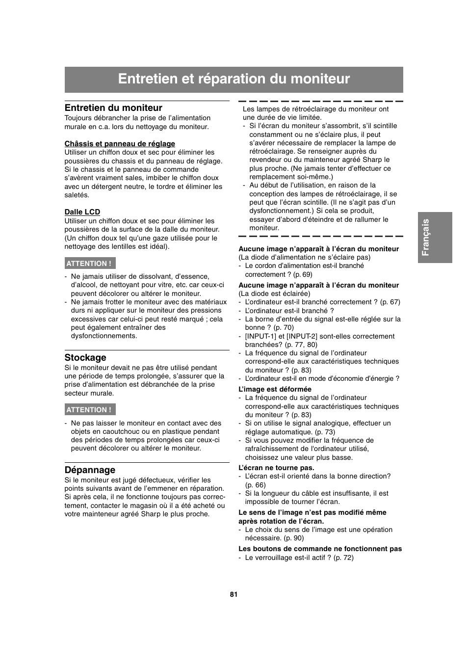 Entretien et réparation du moniteur, Entretien du moniteur, Stockage | Dépannage | Sharp LL-T2020 User Manual | Page 81 / 148