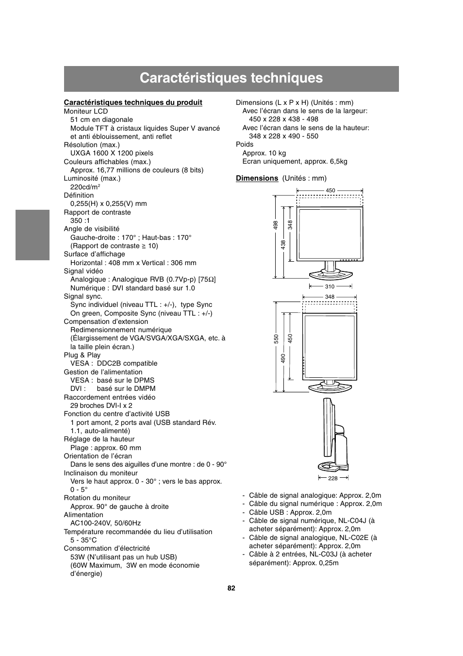 Caractéristiques techniques | Sharp LL-T2020 User Manual | Page 82 / 148