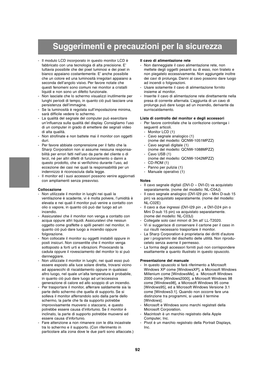 Suggerimenti e precauzioni per la sicurezza | Sharp LL-T2020 User Manual | Page 92 / 148