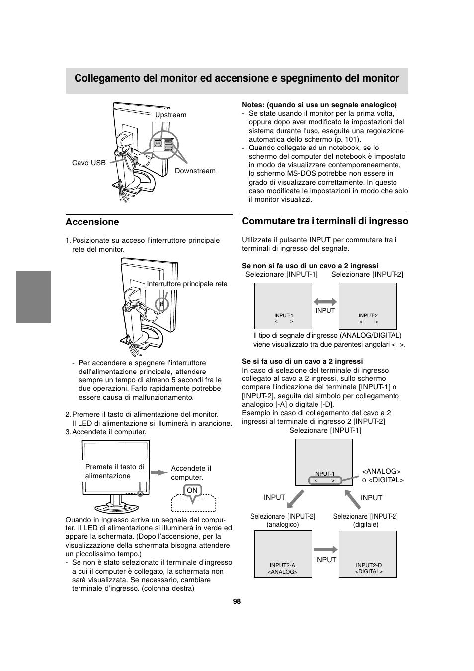 Commutare tra i terminali di ingresso, Accensione | Sharp LL-T2020 User Manual | Page 98 / 148