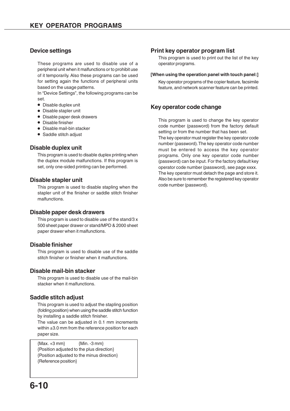 Key operator programs, Device settings, Disable duplex unit | Disable stapler unit, Disable paper desk drawers, Disable finisher, Disable mail-bin stacker, Saddle stitch adjust, Print key operator program list, Key operator code change | Sharp AR-P350 User Manual | Page 106 / 118