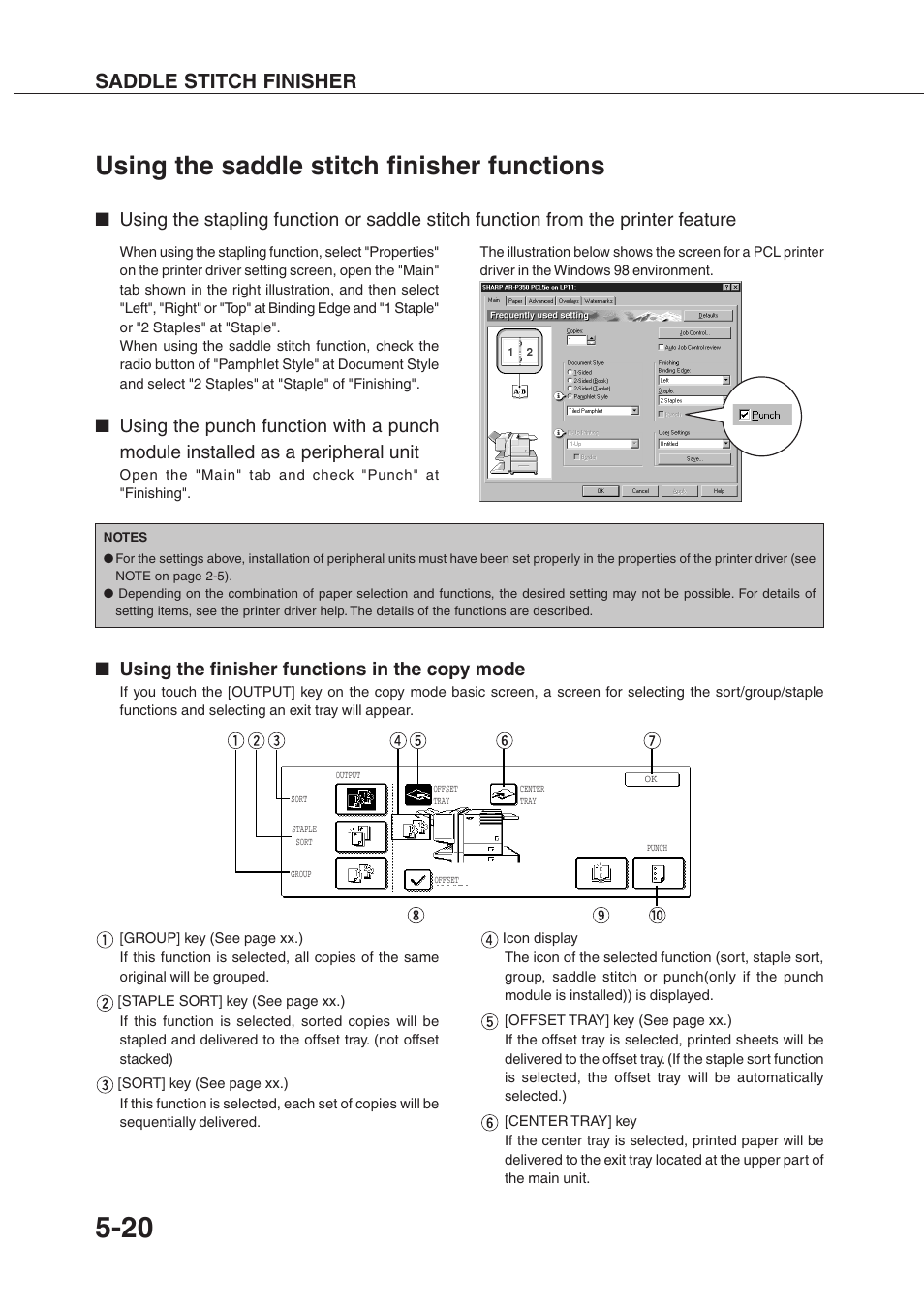 Using the saddle stitch finisher functions, Saddle stitch finisher, Using the finisher functions in the copy mode | Sharp AR-P350 User Manual | Page 88 / 118