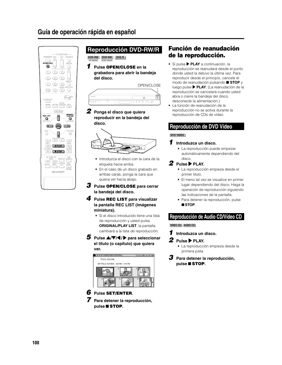 Guía de operación rápida en español, Función de reanudación de la reproducción, Reproducción de dvd vídeo | Reproducción de audio cd/vídeo cd, Reproducción dvd-rw/r | Sharp DV-SR3U User Manual | Page 100 / 101