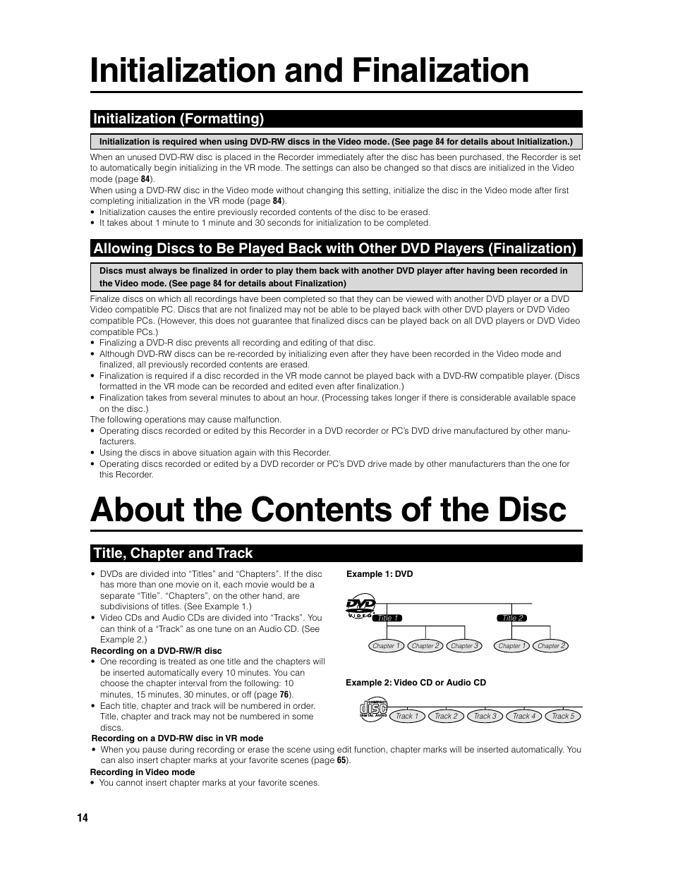 Initialization and finalization, About the contents of the disc, Initialization (formatting) | Title, chapter and track | Sharp DV-SR3U User Manual | Page 14 / 101