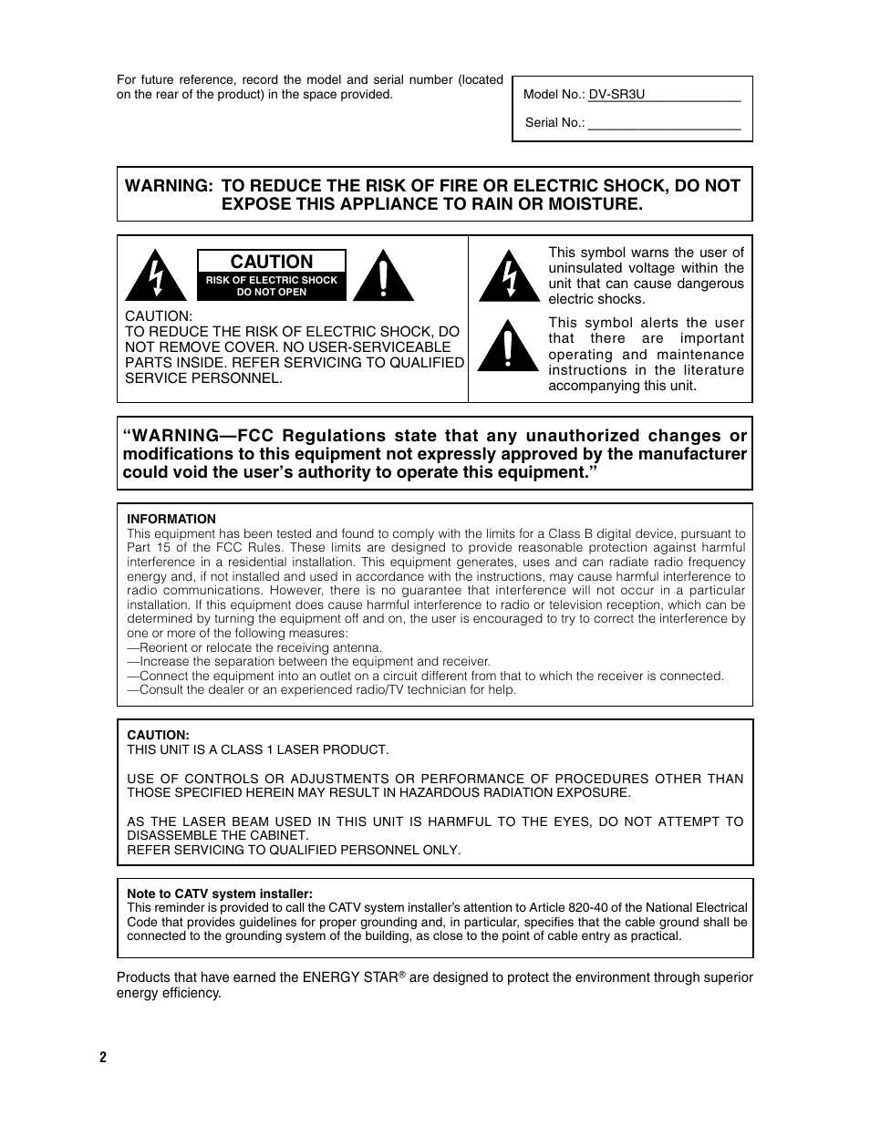 Caution | Sharp DV-SR3U User Manual | Page 2 / 101