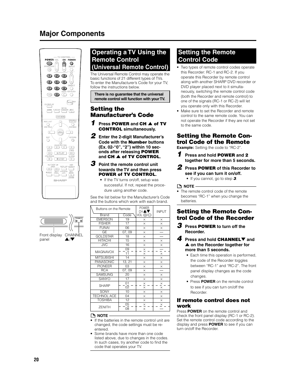 Major components, Setting the remote control code, Setting the manufacturer’s code | Setting the remote con- trol code of the remote, Setting the remote con- trol code of the recorder, If remote control does not work | Sharp DV-SR3U User Manual | Page 20 / 101