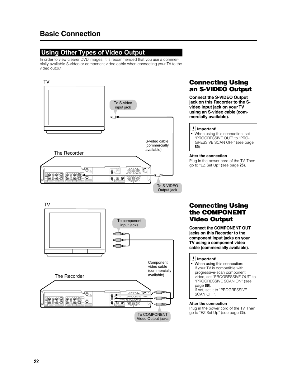 Basic connection, Using other types of video output, Connecting using an s-video output | Connecting using the component video output, Tv the recorder | Sharp DV-SR3U User Manual | Page 22 / 101