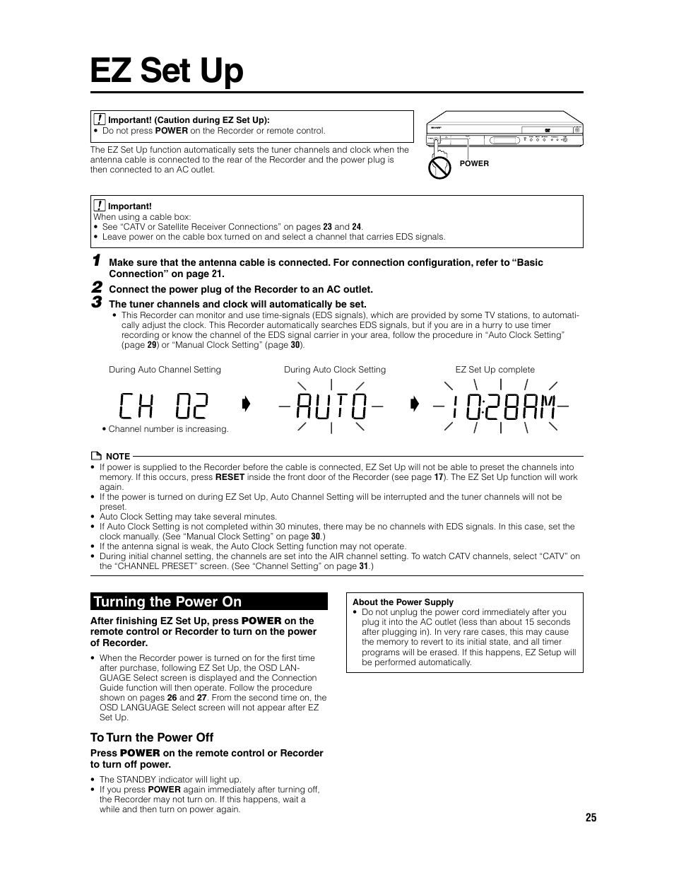 Ez set up, Turning the power on | Sharp DV-SR3U User Manual | Page 25 / 101