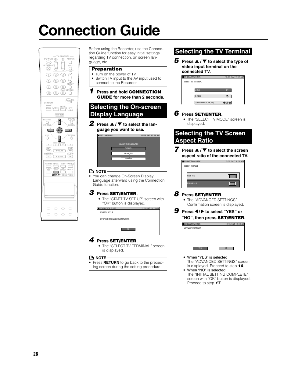 Connection guide, Selecting the on-screen display language, Selecting the tv terminal | Selecting the tv screen aspect ratio, Preparation, Press set/enter | Sharp DV-SR3U User Manual | Page 26 / 101