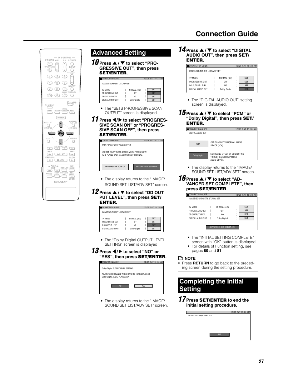 Connection guide 14, Advanced setting, Completing the initial setting | Sharp DV-SR3U User Manual | Page 27 / 101