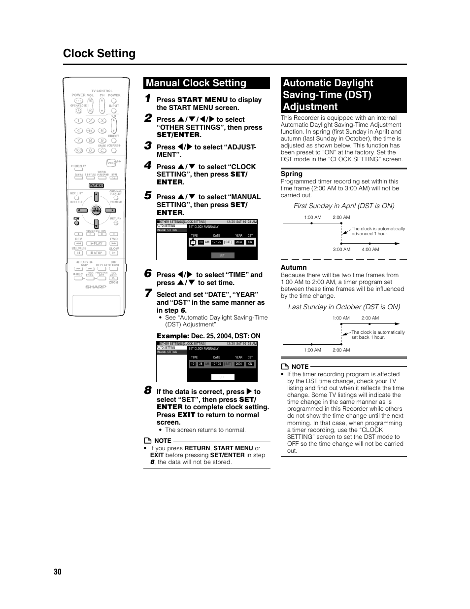 Clock setting, Manual clock setting, Automatic daylight saving-time (dst) adjustment | Press start menu to display the start menu screen, Press \ / | to select “adjust- ment, Spring, First sunday in april (dst is on), Autumn, Last sunday in october (dst is on) | Sharp DV-SR3U User Manual | Page 30 / 101