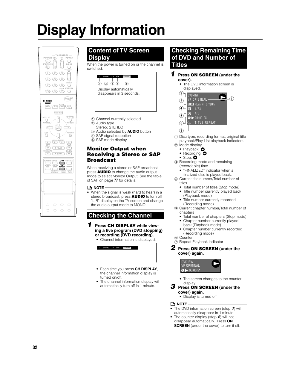 Display information, Content of tv screen display, Checking the channel | Sharp DV-SR3U User Manual | Page 32 / 101