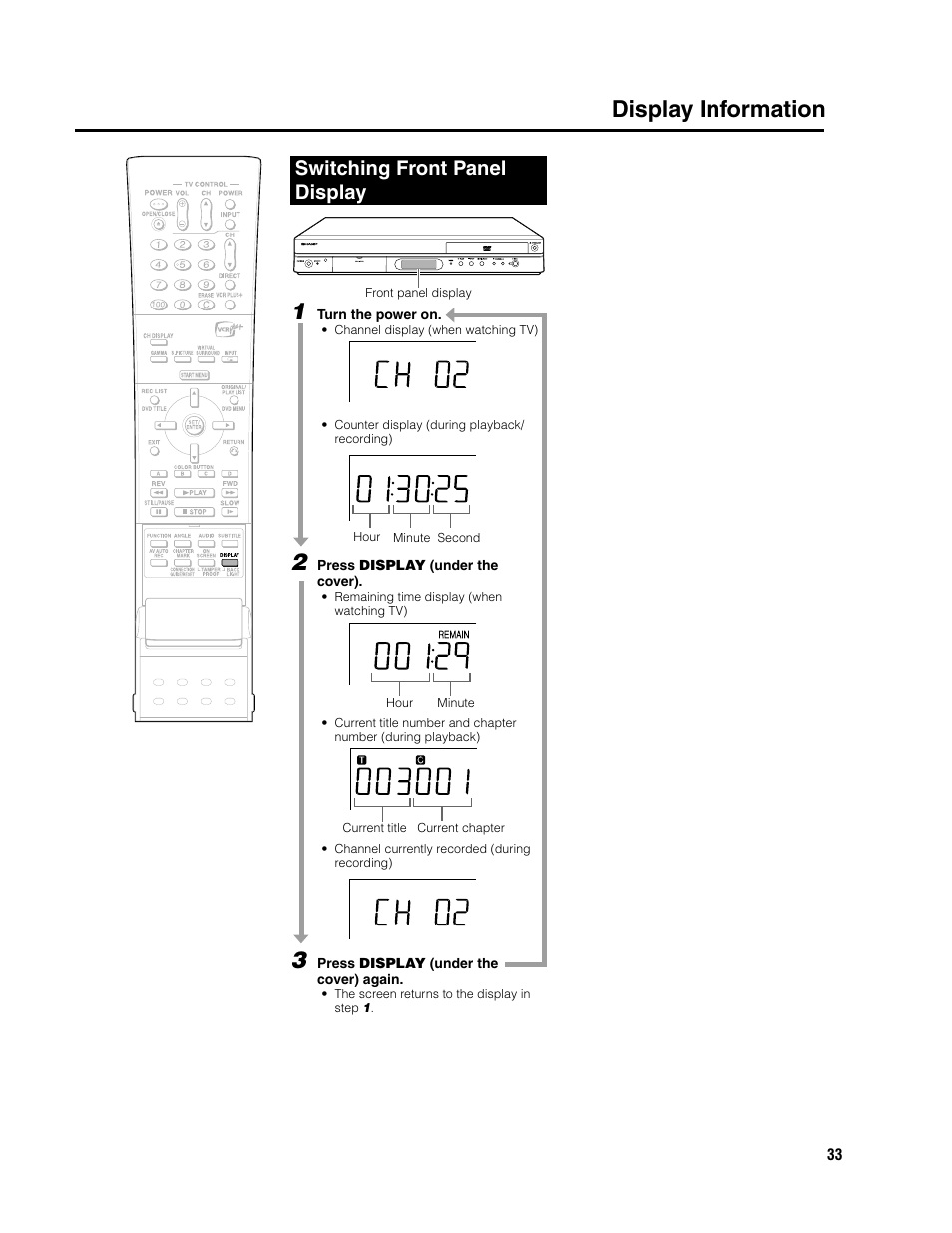 Display information, Switching front panel display | Sharp DV-SR3U User Manual | Page 33 / 101