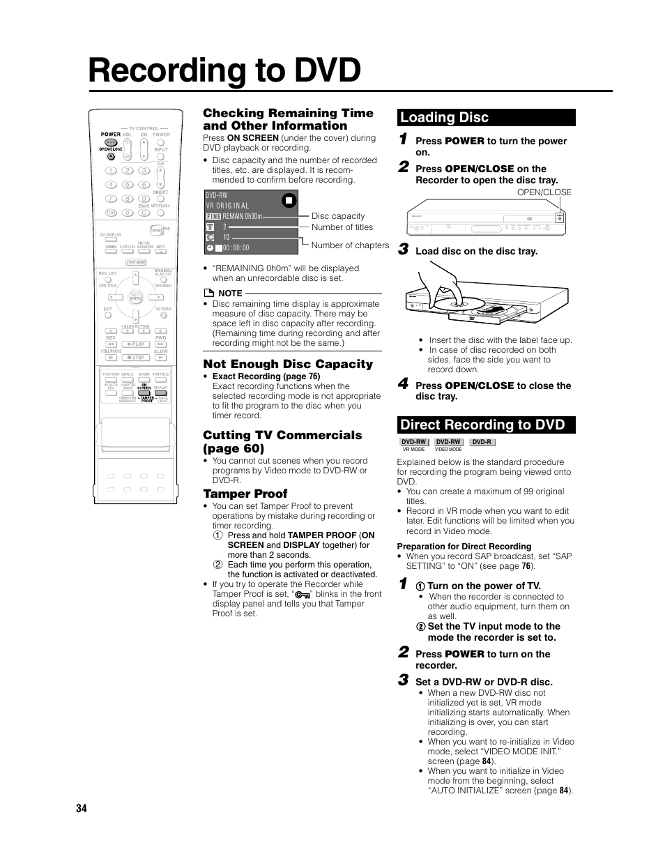 Recording to dvd, Loading disc, Direct recording to dvd | Sharp DV-SR3U User Manual | Page 34 / 101