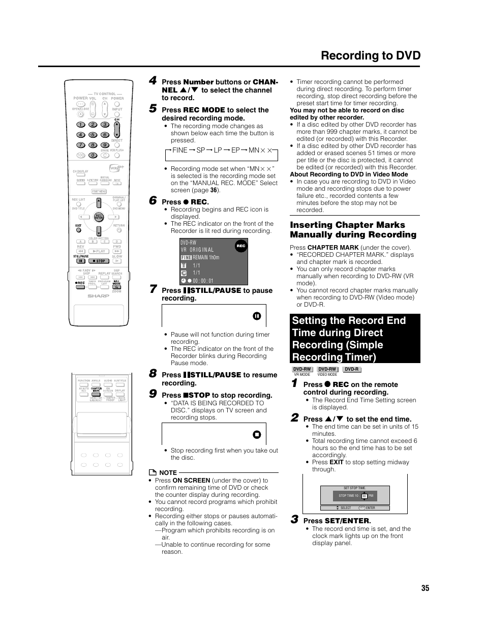 Recording to dvd 4, Inserting chapter marks manually during recording | Sharp DV-SR3U User Manual | Page 35 / 101