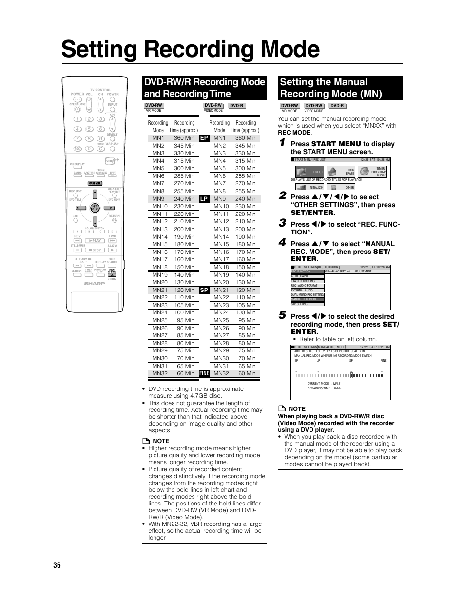 Setting recording mode, Dvd-rw/r recording mode and recording time, Setting the manual recording mode (mn) | Press start menu to display the start menu screen, Press \ / | to select “rec. func- tion | Sharp DV-SR3U User Manual | Page 36 / 101