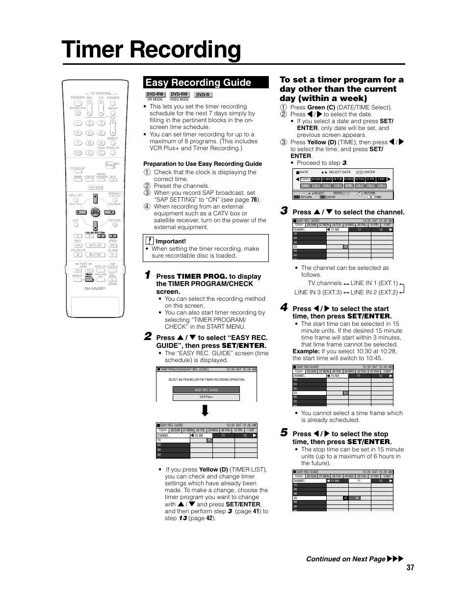 Timer recording, Easy recording guide, Press ' / 