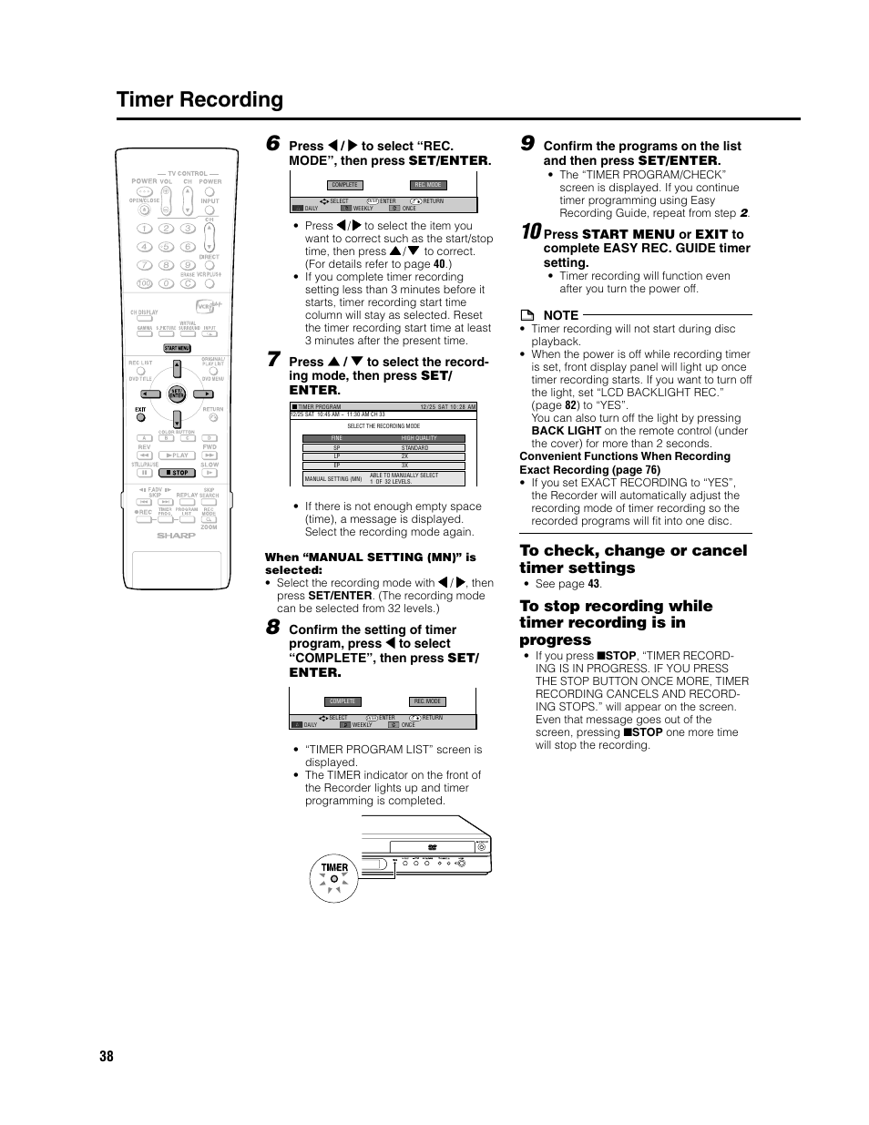 Timer recording 6 | Sharp DV-SR3U User Manual | Page 38 / 101